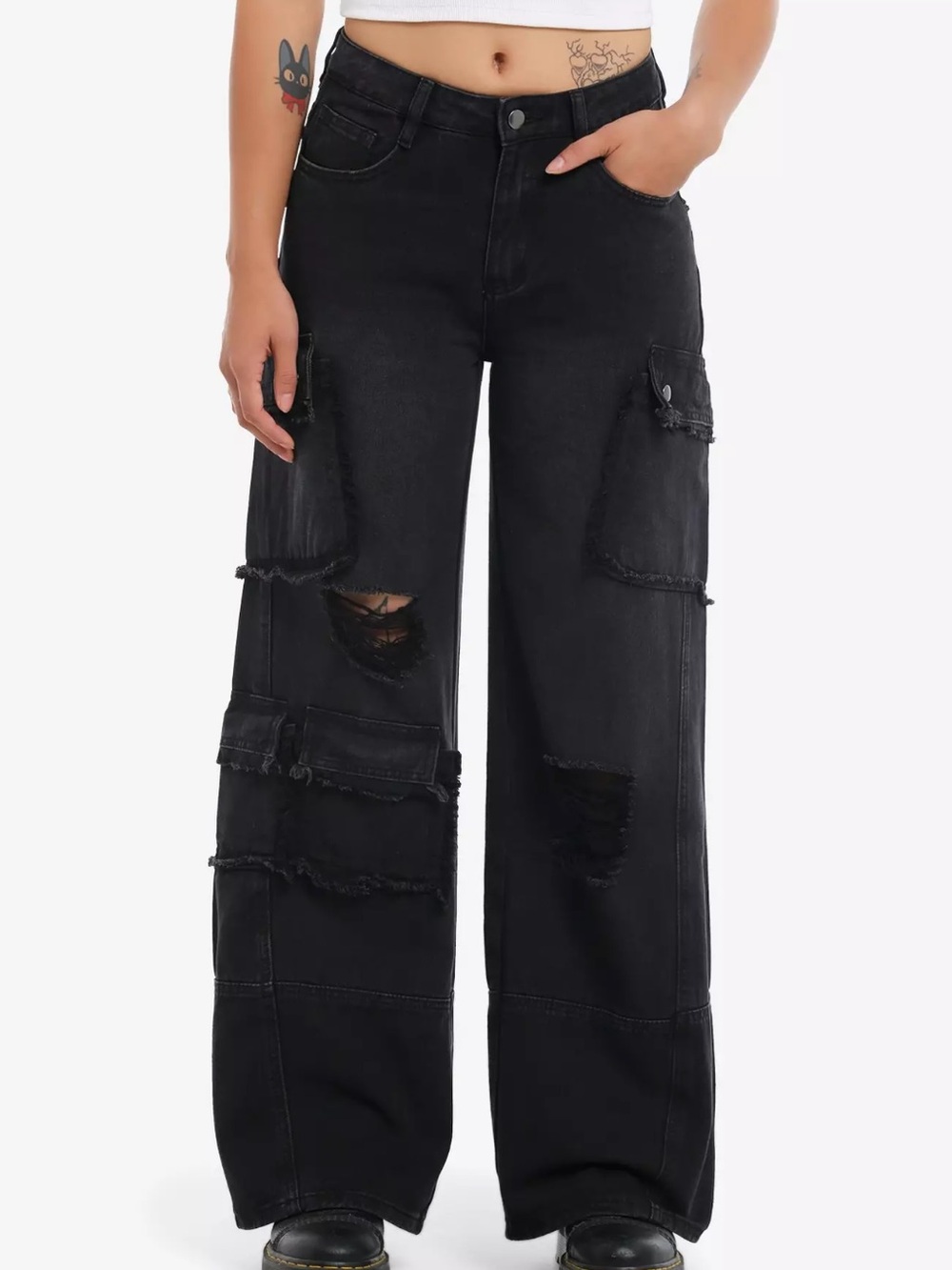Hot Topic Black Destructed Cargo Wide Leg Jeans Size Small